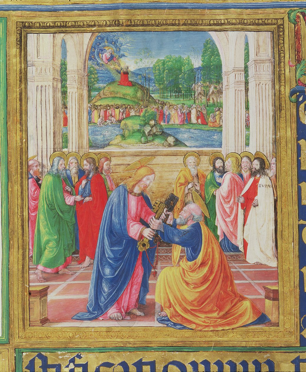 Ms 542 f.3v Kristus dává klíče svatému Petrovi, v pozadí Bůh předává desky Zákona Mojžíšovi, z žaltáře napsaného Donem Appianem z kostela Badia Fiorentina, Florencie od Monte di Giovanni del Fora