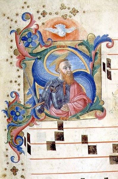 Ms 543 Historická iniciála „S“ se světcem v brnění, z žaltáře, kolem 1515 (vellum) od Monte di Giovanni del Fora