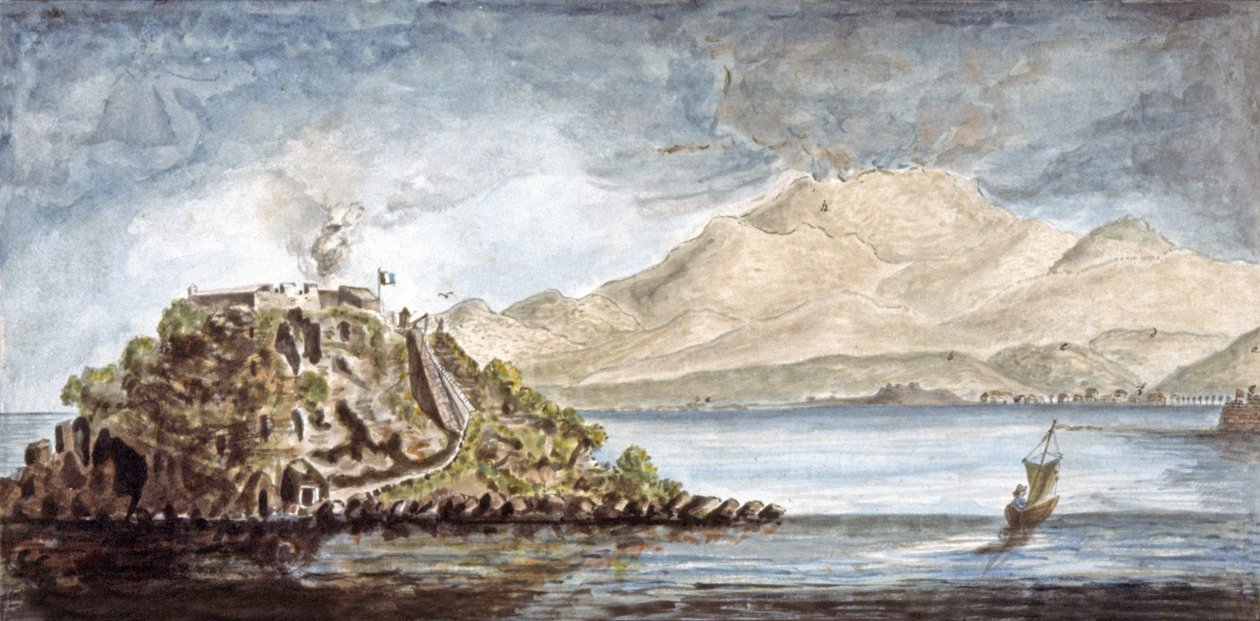 Martinik. Pohled na Fort Francais, cca 1810-1815 (akvarel) od Moreau de Jones