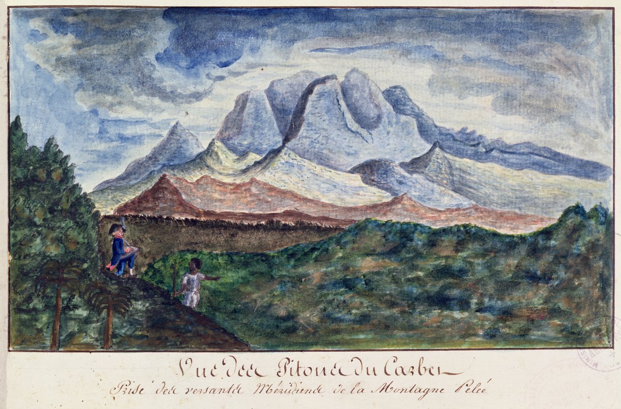 Pohled na Pitons du Carbet z Mount Pelee, Martinik, cca 1815 (akvarel na papíře) od Moreau de Jones