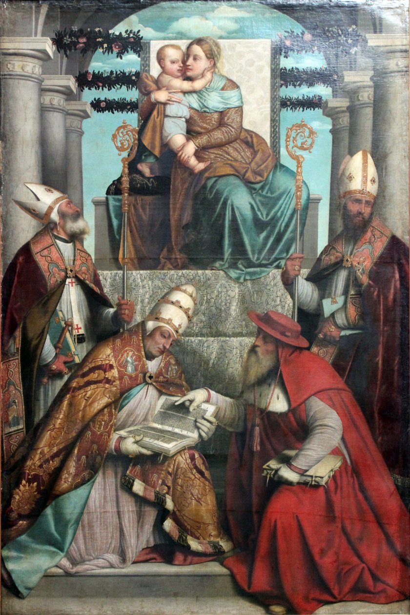 Panna a dítě na trůnu se čtyřmi otci latinské církve od Moretto da Brescia