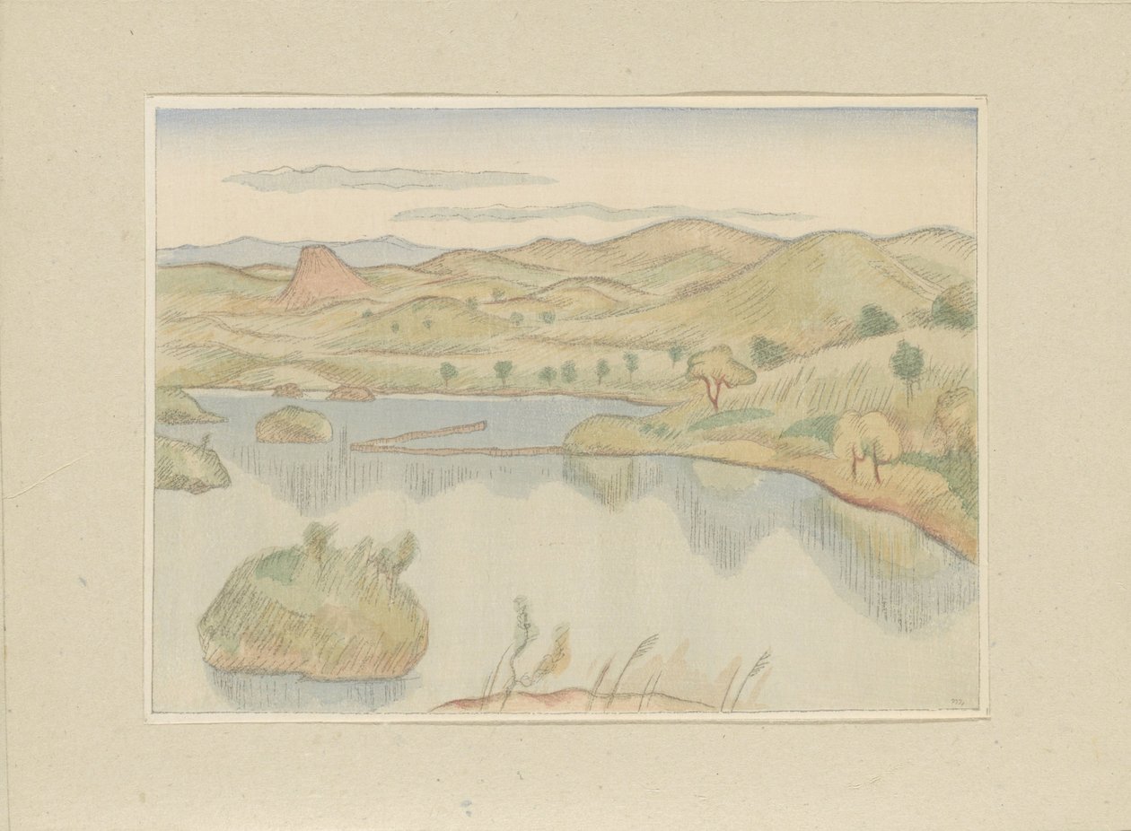 Jezero na úpatí hory Bandaisan Bandaisan fumoto no ko Část druhá, oblast Aizu (název série) Dai nishû, Aizu no bu (název série) Tisky japonských krajin (název série) Nihon fûkei hanga (název série) od Morita Tsunetomo