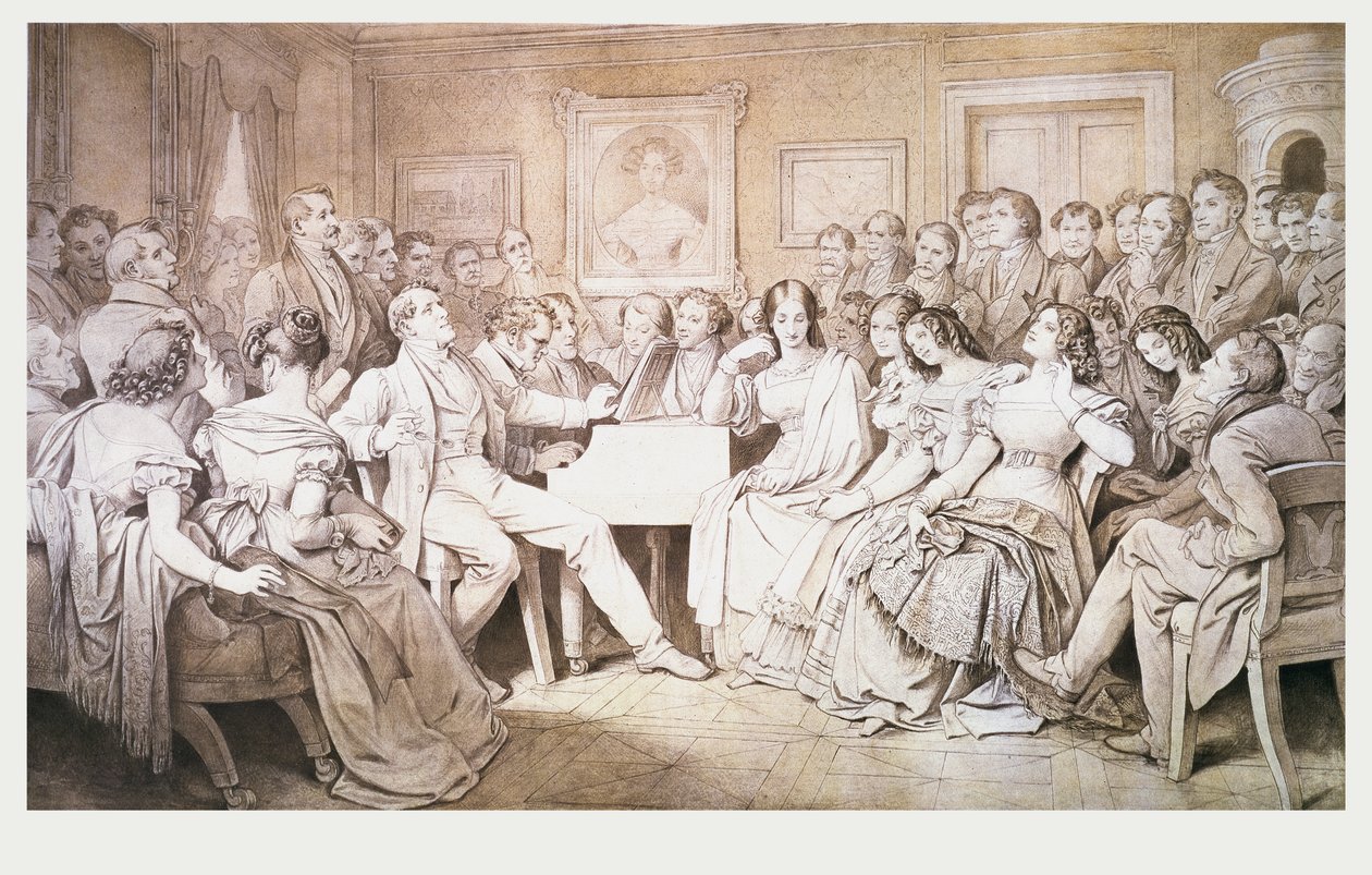 Večer u barona von Spauna: Schubert u klavíru mezi svými přáteli, včetně operního barytonisty Johanna Vogla (1768-1840) od Moritz Ludwig von Schwind