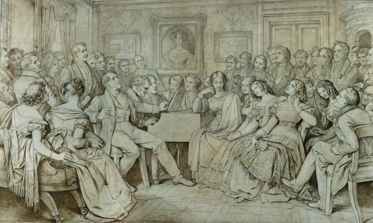 Večer u barona Spauna, Schubert u klavíru, zpívá tenorista Johann Michael Vogl... (tuš, sépie) od Moritz Ludwig von Schwind