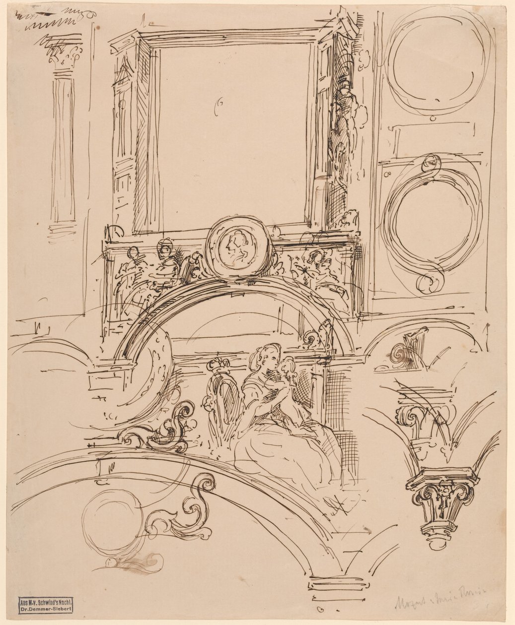 Architektonické detaily nástěnné dekorace s císařovnou Marií Terezií objímající mladého Wolfganga Amadea Mozarta, asi 1864 (pero a tuš) od Moritz Ludwig von Schwind