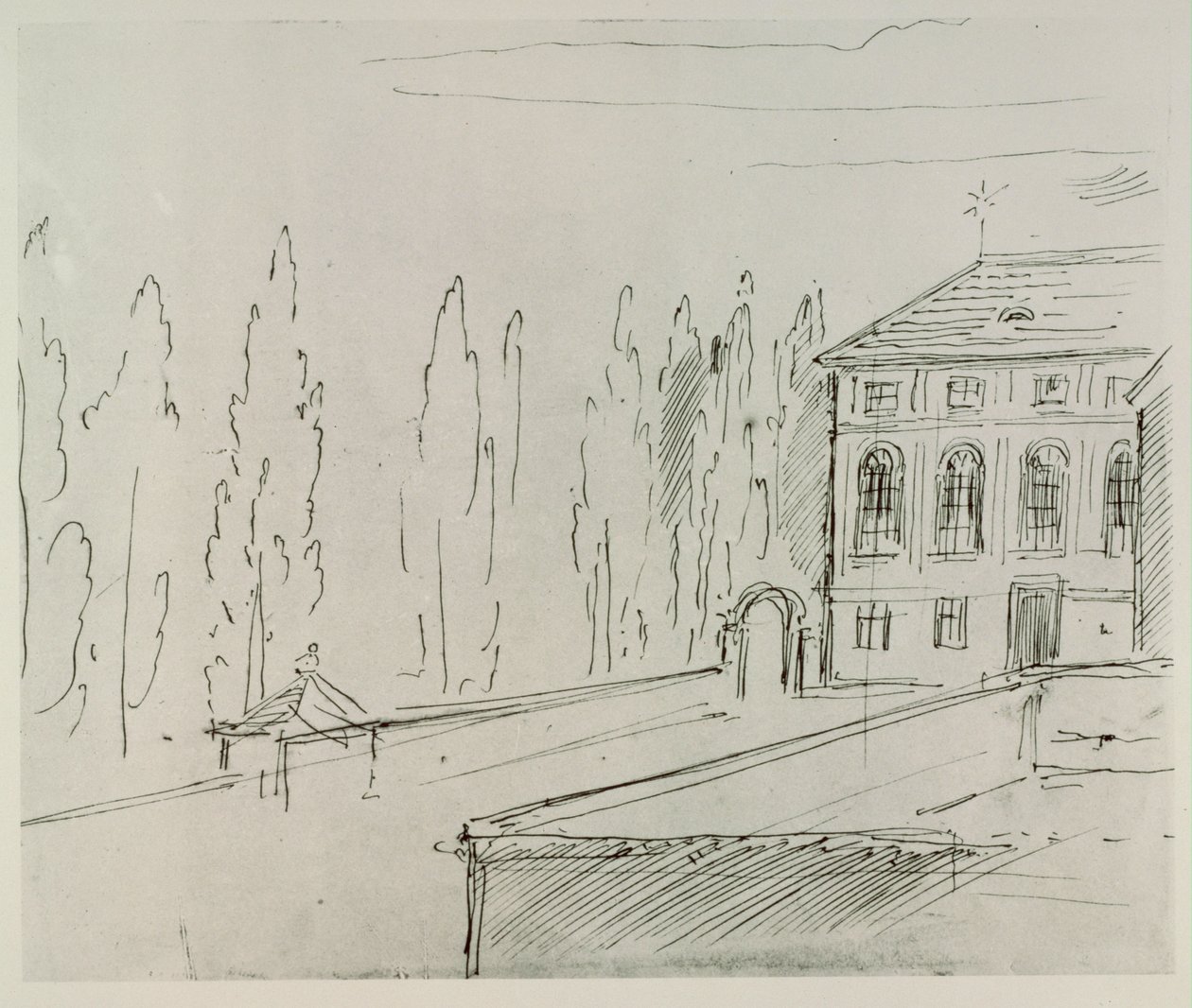Fasáda domu Haus zum goldenen Mondschein u vídeňského kostela Karlskirche, kde Schwind žil ... od Moritz Ludwig von Schwind