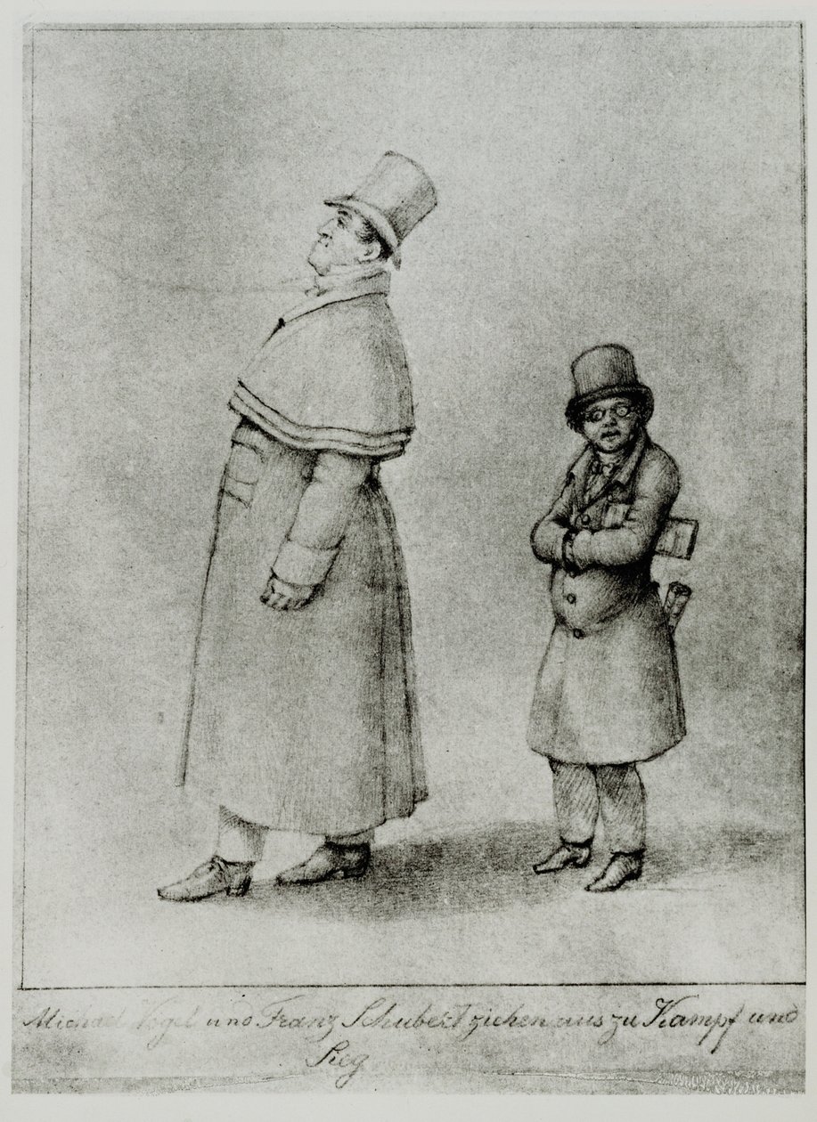Johann Michael Vogl a Franz Schubert kráčejí k bitvě a vítězství... (rytina) od Moritz Ludwig von Schwind