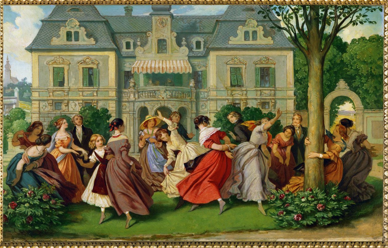 Společenské hry, v pozadí zámek... (olejomalba) od Moritz Ludwig von Schwind