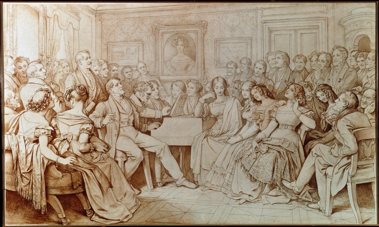 Skladatel Franz schubert doprovází tenoristu Johanna Michaela Vogla na hudebním večeru v Baron von Spaun (Kresba od Moritz Ludwig von Schwind