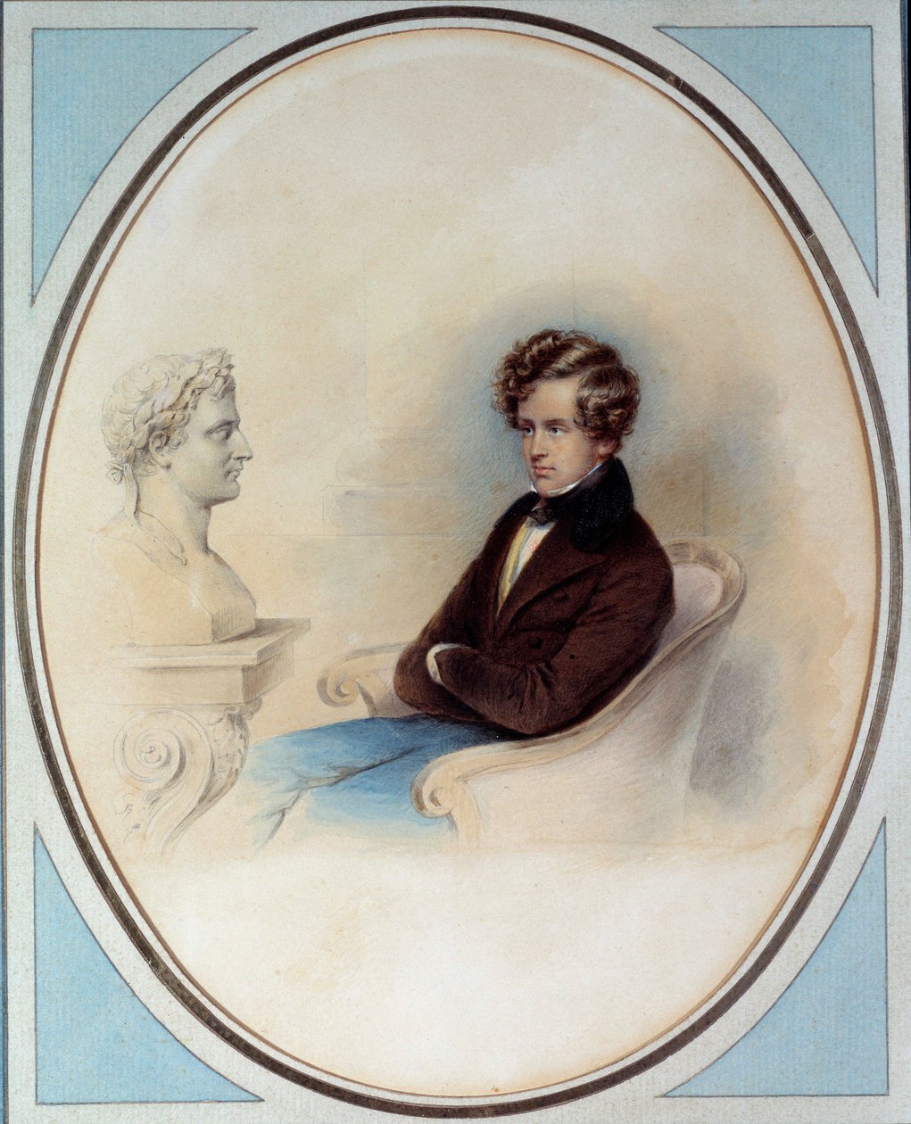 Portrét římského krále Napoleona II., vévody z Reichstadtu (1811-1832), syna císaře Napoleona I. (1769-1821), před bustou jeho otce Tisk Moritze Michaela Daffingera (1790-1849) Soukromá sbírka z 19. století od Moritz Michael Daffinger