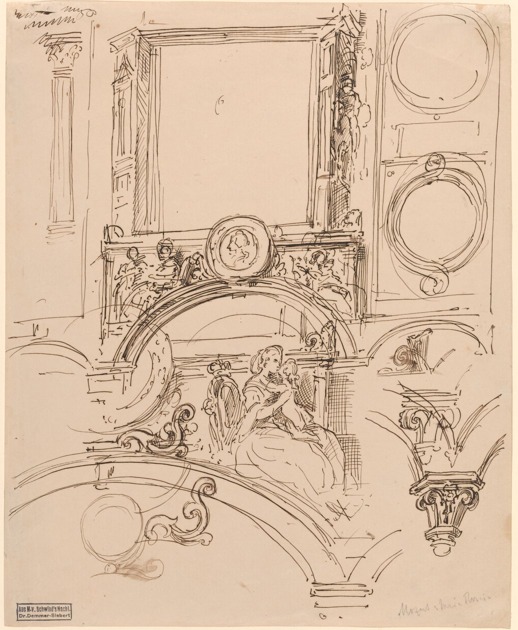 Architektonické detaily nástěnné dekorace s císařovnou Marií Terezií v objetí mladého Wolfganga Amadea Mozarta od Moritz Ludwig von Schwind