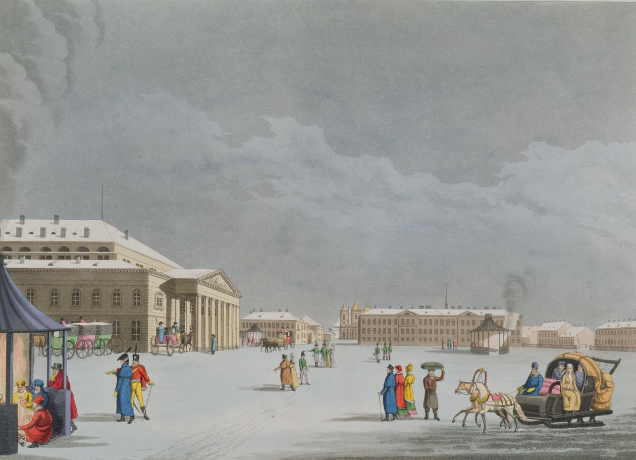 Pohled na náměstí a Velké divadlo v Petrohradě, ilustrace k březnu z knihy "Rok v Petrohradě", lept John H. Clark, kolorováno M. Dubourgem, vyd. 1815 v Londýně, Edward Orme (c od Mornay