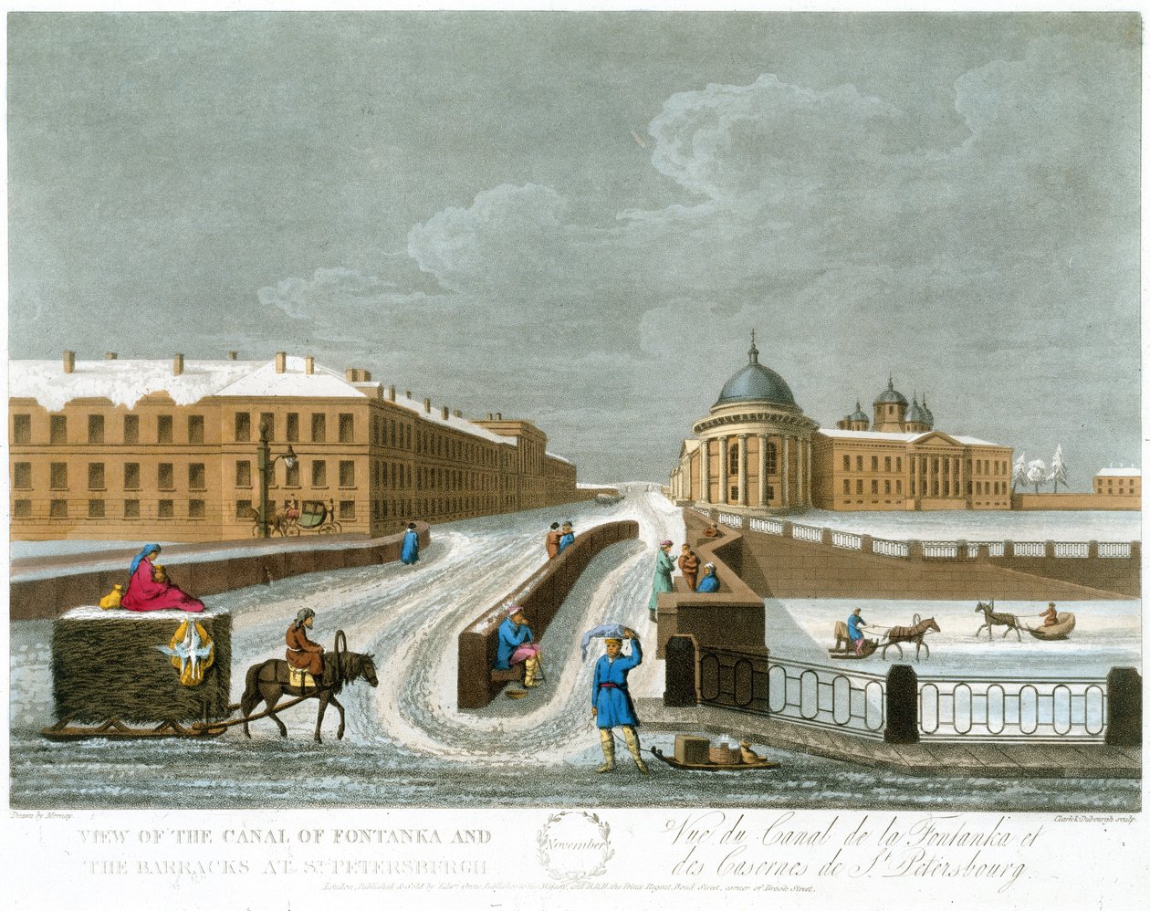 Pohled na kanál Fontanka a kasárna, ilustrace k listopadu z roku Rok v Petrohradě lept John H. Clark, koloroval M. Dubourg. hospoda. 1815 v Londýně Edwardem Ormeem (barevná lit od Mornay