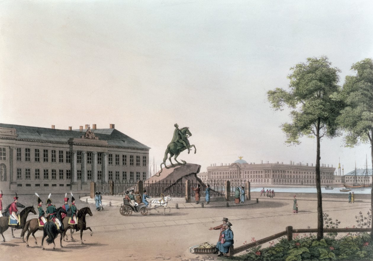 Pohled na náměstí Petra Velikého a Senátní dům v Petrohradě, ilustrace ke květnu z knihy "Rok v Petrohradě", lept John H. Clark, kolorováno M. Dubourgem, vyd. 1815 v Londýně b od Mornay