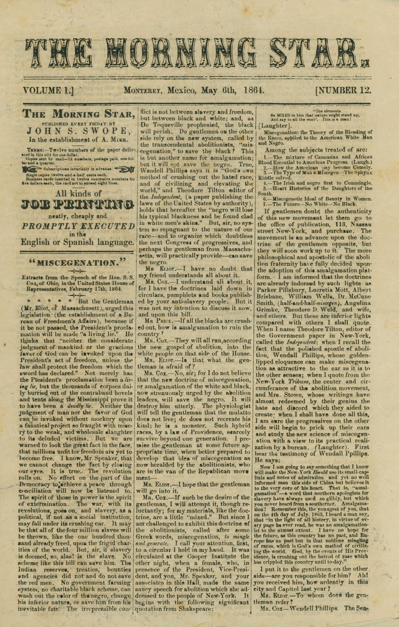 Zahrnuje článek o navrhované legislativě o miscegenaci a zprávách z občanské války od Morning Star