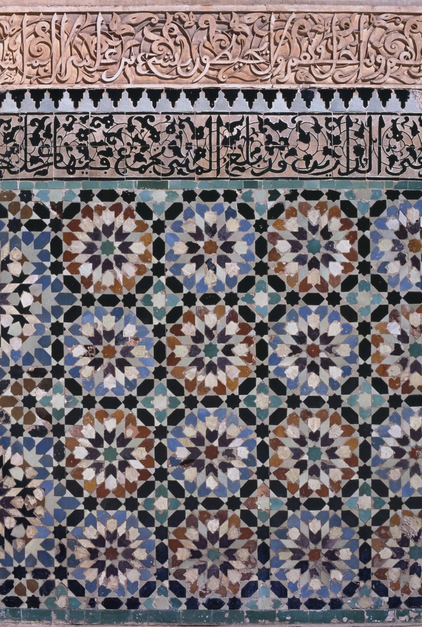 Stěna hlavního nádvoří, detail, postavená Saadiany v roce 1565 (zellij dlaždič a štuky) od Moroccan School