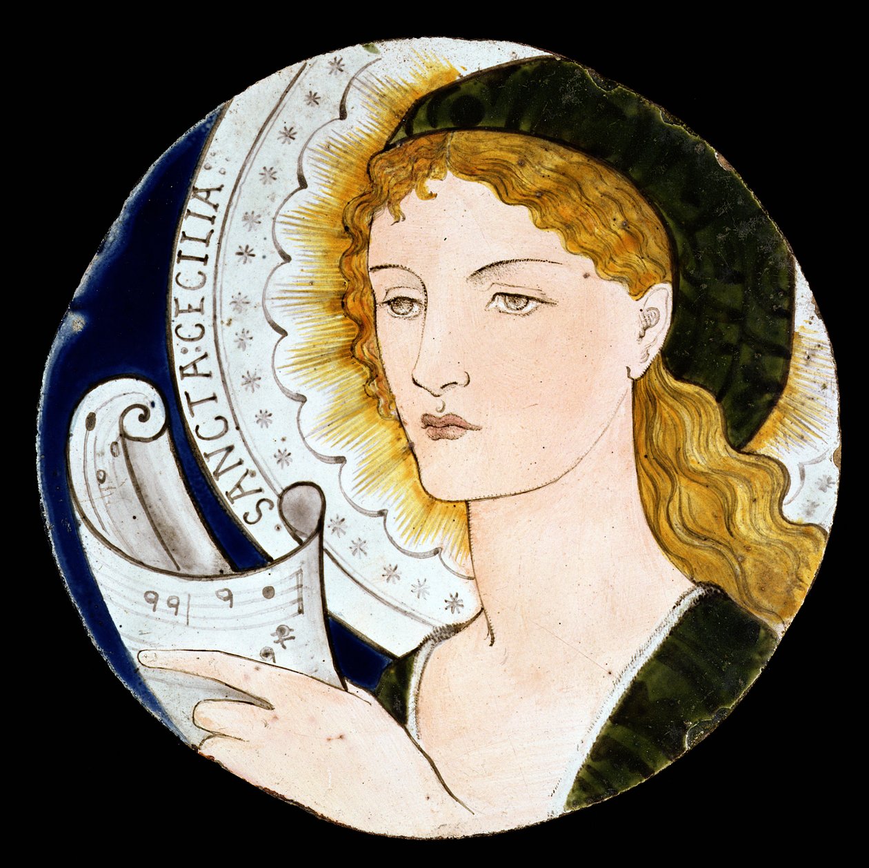 C.2-1922 Dlaždice Morris and Company zobrazující svatou Cecilii, navržená Edwardem Burne-Jonesem (1833-98), malovaná Kate Faulknerovou, kolem roku 1865 (malovaná kamenina) od Morris and Company