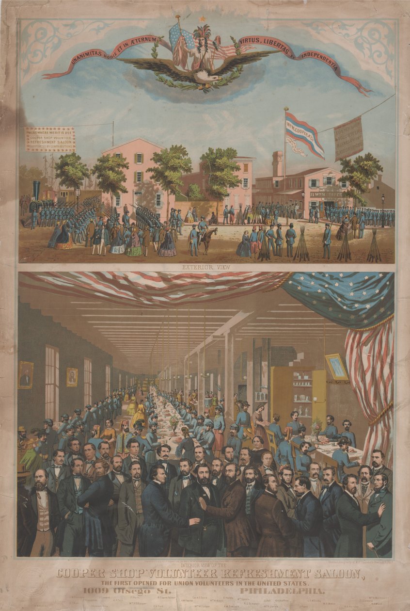 Cooper Shop Volunteer Refresh Saloon – první otevřený pro Union Volunteers ve Spojených státech, kolem roku 1862 od Morris H. Traubel