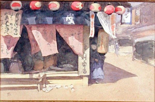 Před čajovnou, Japonsko, asi 1887-88 (akvarel na kartě) od Mortimer Ludington Menpes