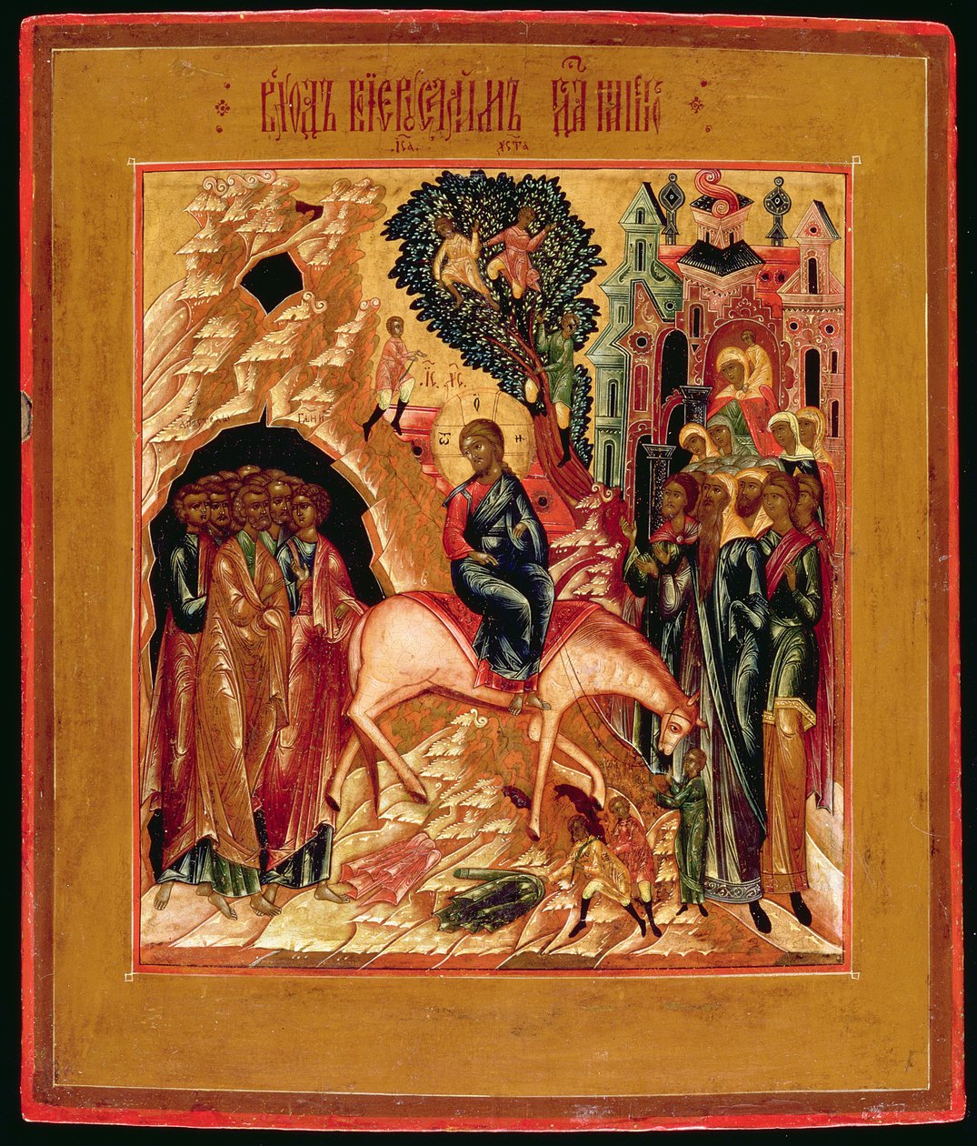 Ruská ikona vjezdu do Jeruzaléma, počátek 19. století (lístkové zlato a tempera na panelu) od Moscow School