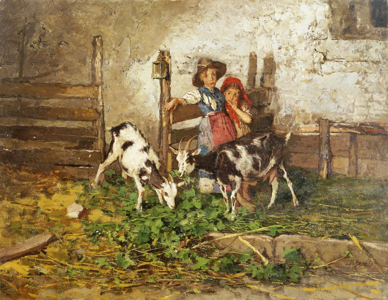 Děti a kozy ve stodole, od Mose Bianchi