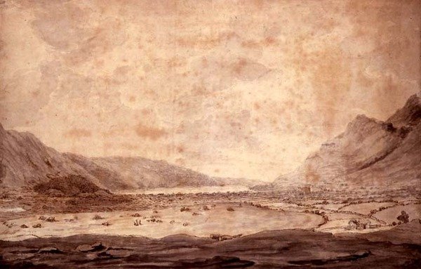 Panoramatický pohled na Derwentwater a údolí Keswick, detail údolí s Bassenthwaite v dálce, kolem roku 1772 od Moses Griffith