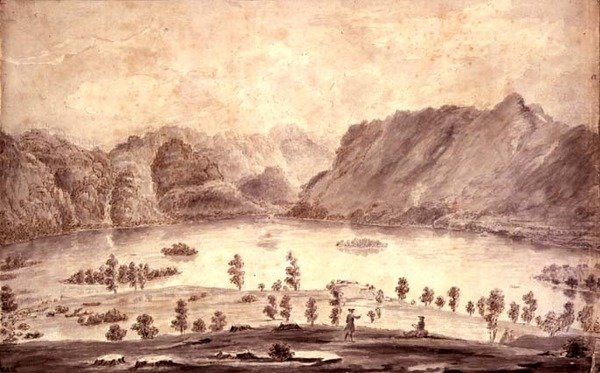 Panoramatický pohled na Derwentwater a údolí Keswick, detail západní strany Derwent Water, kolem roku 1772 od Moses Griffith