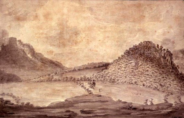 Panoramatický pohled na Derwentwater a údolí Keswick, detail krajiny včetně Castle Head, cca 1772 od Moses Griffith
