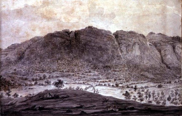 Panoramatický pohled na Derwentwater a údolí Keswick, detail hor, kolem 1772 (tužka a pero na papíře) (viz 92086-90) od Moses (attr. to) Griffith