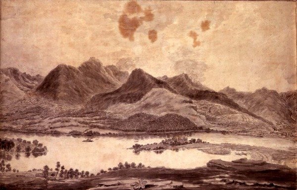 Panoramatický pohled na Derwentwater a údolí Keswick, detail severního konce Derwent Water, kolem roku 1772 (tužka a pero na papíře) (viz 92086 a 92088-91) od Moses (attr. to) Griffith