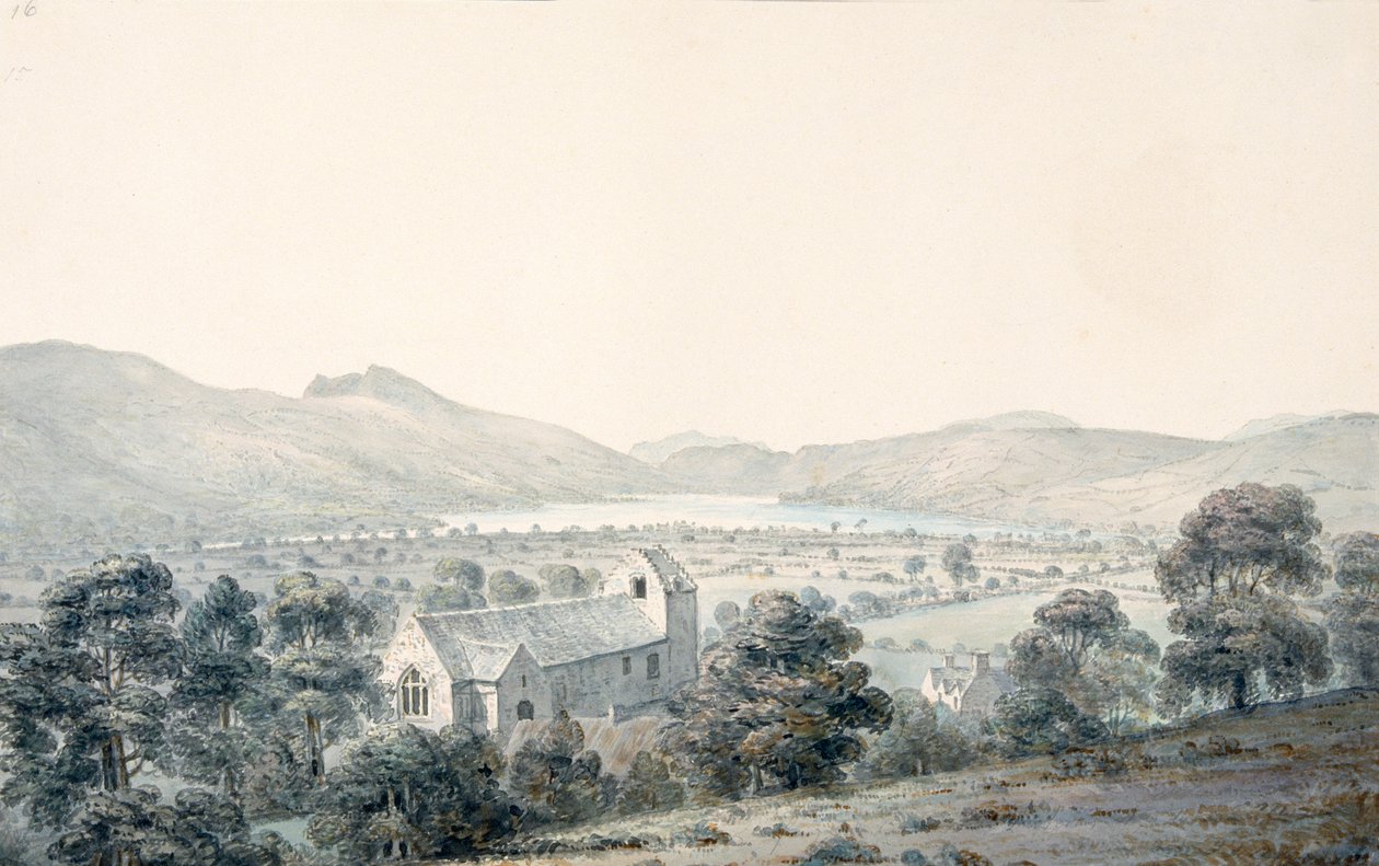 Pohled na jezírko Bala Pool, Llyntagit, z kostela Llanfawr, Meirionethshire od Moses Griffith