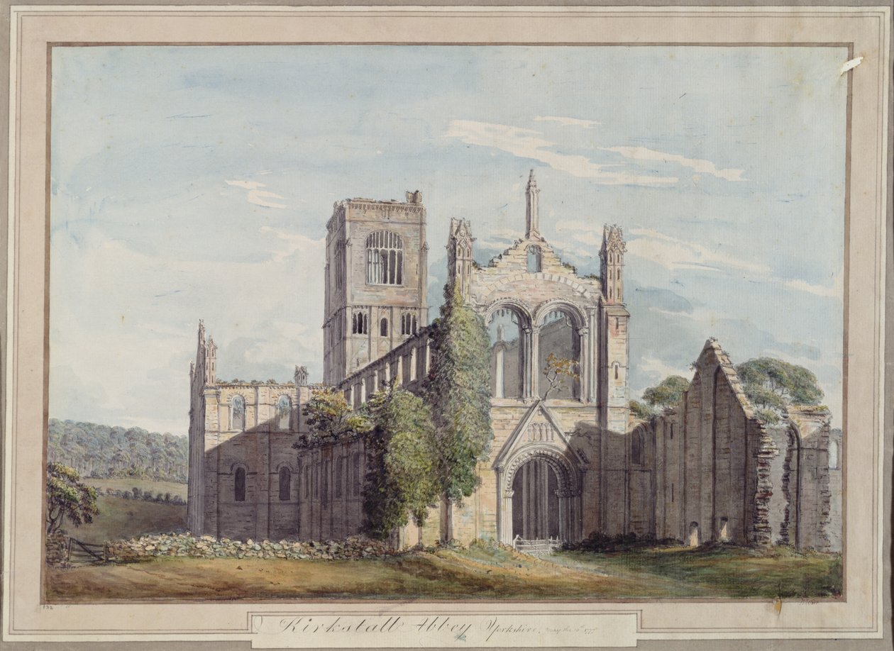 Severozápadní pohled na Kirkstall Abbey, 1777 od Moses Griffiths