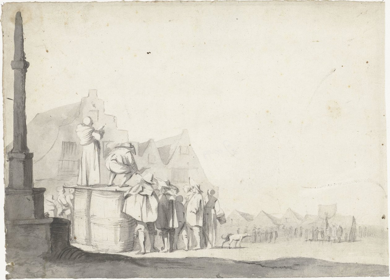 Tržní náměstí s hlasatelem na sudu od Moses ter Borch (possibly)