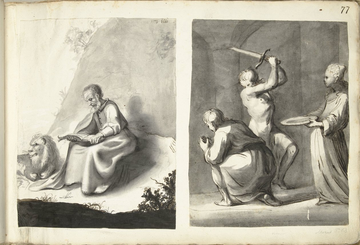 Svatý Jeroným na poušti a stětí Jana Křtitele od Moses ter Borch (signed by artist)