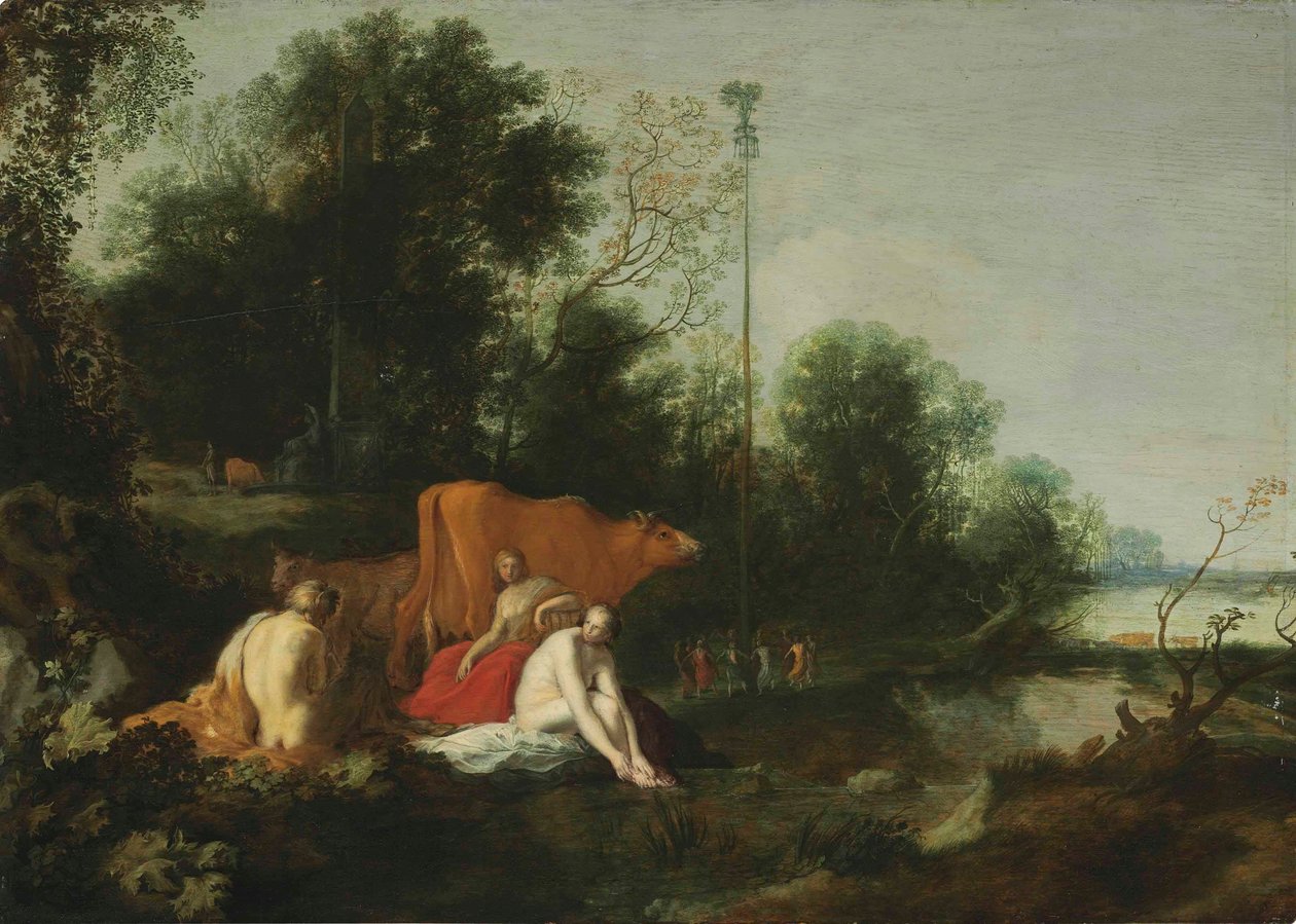 Německy: Pan und Nymphen beim Baden Krajina se satyrem, nymfami a dobytkem od Moses van Uyttenbroeck