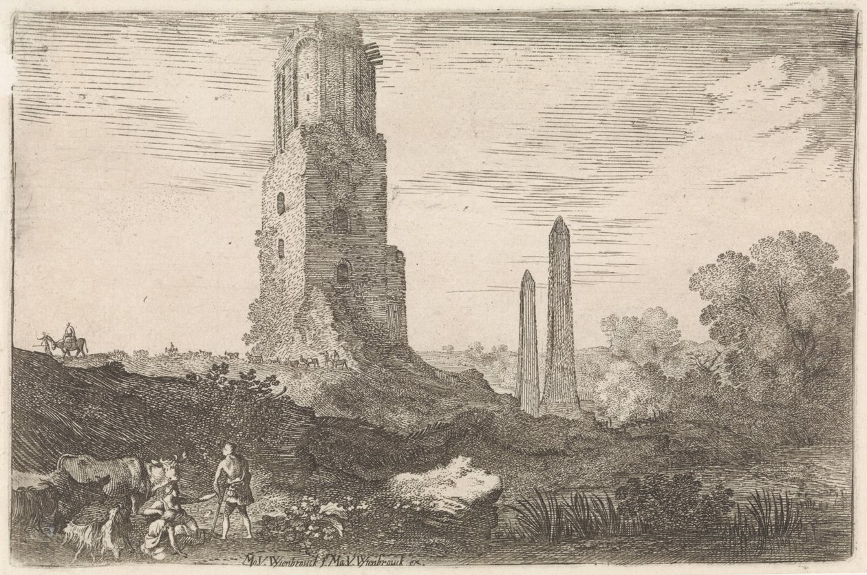 Krajina se dvěma obelisky a „Torre delle Militia“ Arkádské krajiny (název série) od Moyses van Wtenbrouck