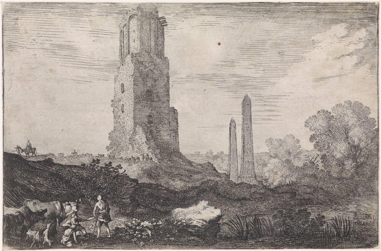 Krajina se dvěma obelisky a „Torre delle Militia“ Arkádské krajiny (název série) od Moyses van Wtenbrouck