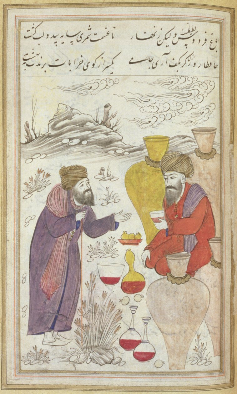 Muž opírající se o hůl mluví s mužem obklopeným velkými sklenicemi, láhve vína stojí před ním, z Divan of Hafiz, kolem 1650 od Mughal School