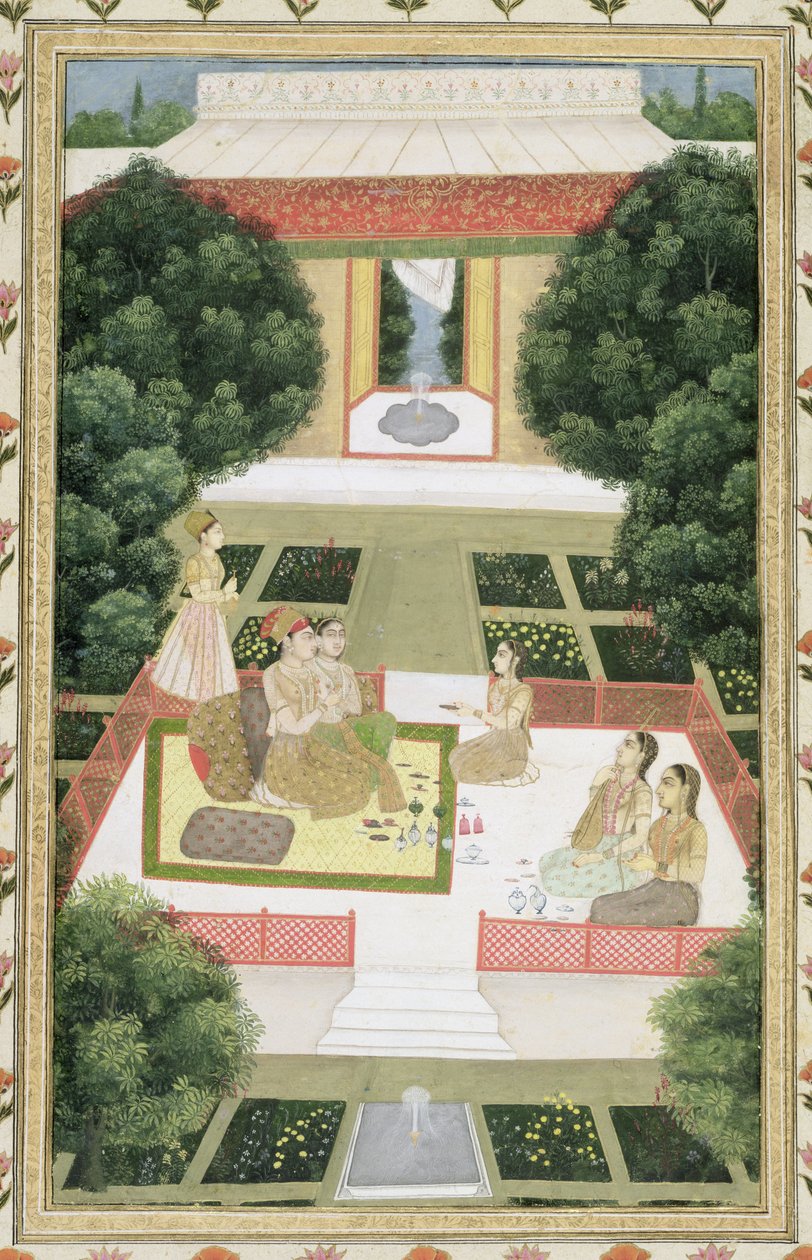 Pár na zahradě poslouchající hudbu s ženskými průvodkyněmi z alba Small Clive Album (neprůhledné wc na papíře) od Mughal School