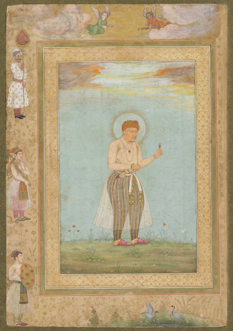 Akbar se Sarpechem, z pozdního alba Shahjahan, samostatný rukopisný folio, kolem roku 1650 od Mughal School