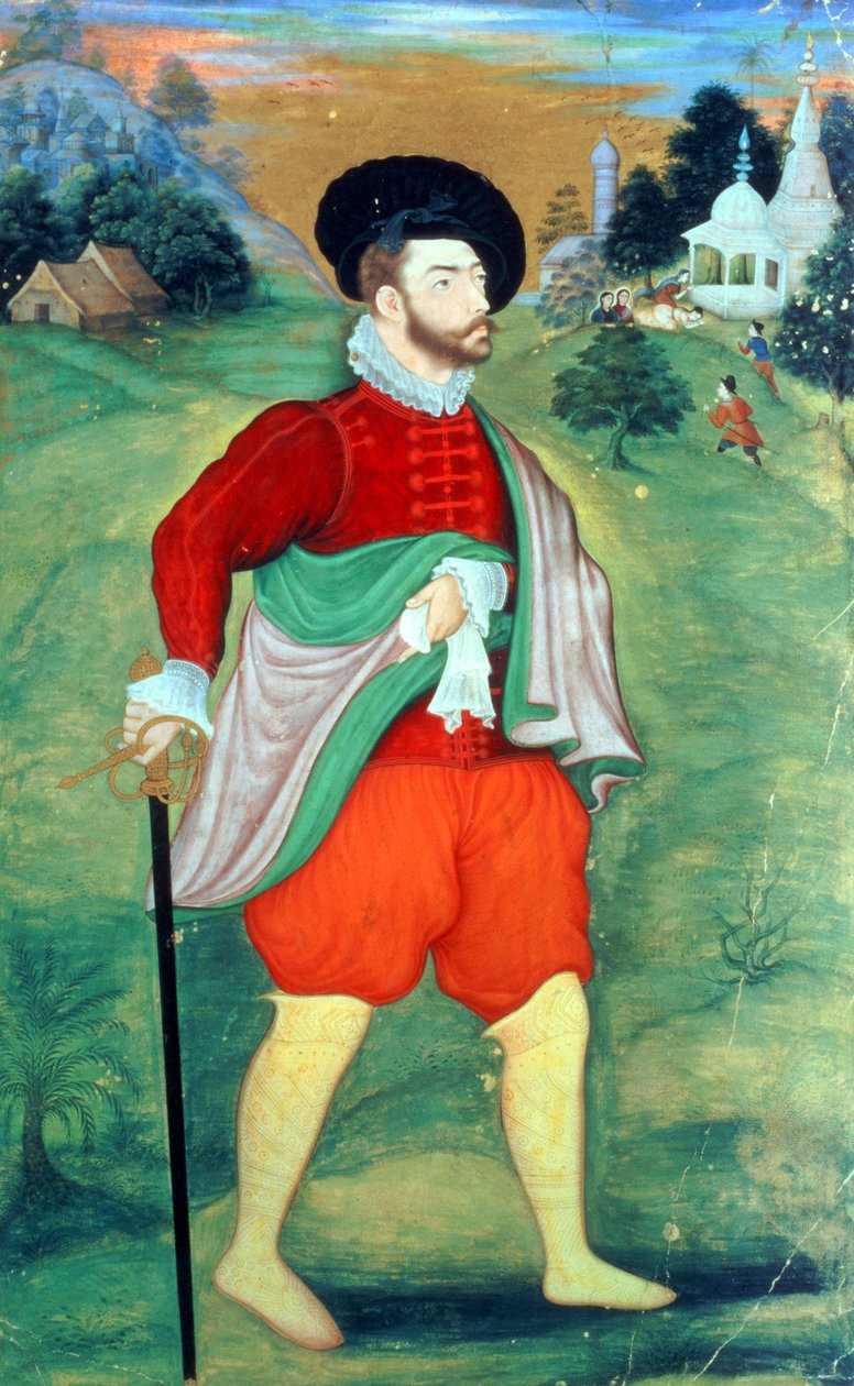 Evropan v Indii, cca 1556-1605 (neprůhledný akvarel a zlato na papíře) od Mughal School