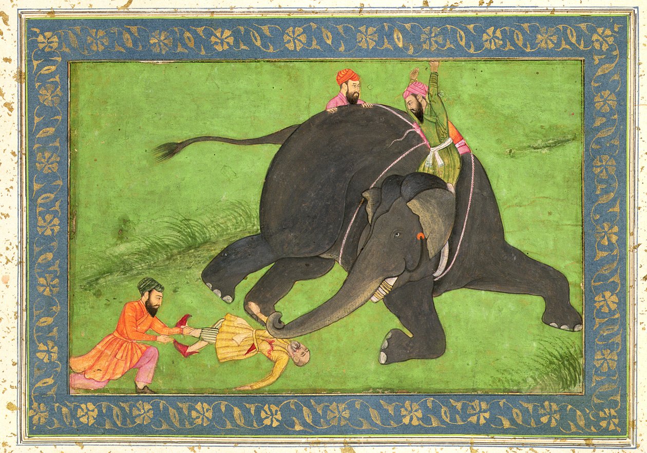 Ošetřovatelé zachraňují padlého muže před rozzuřeným slonem z alba Large Clive Album od Mughal School