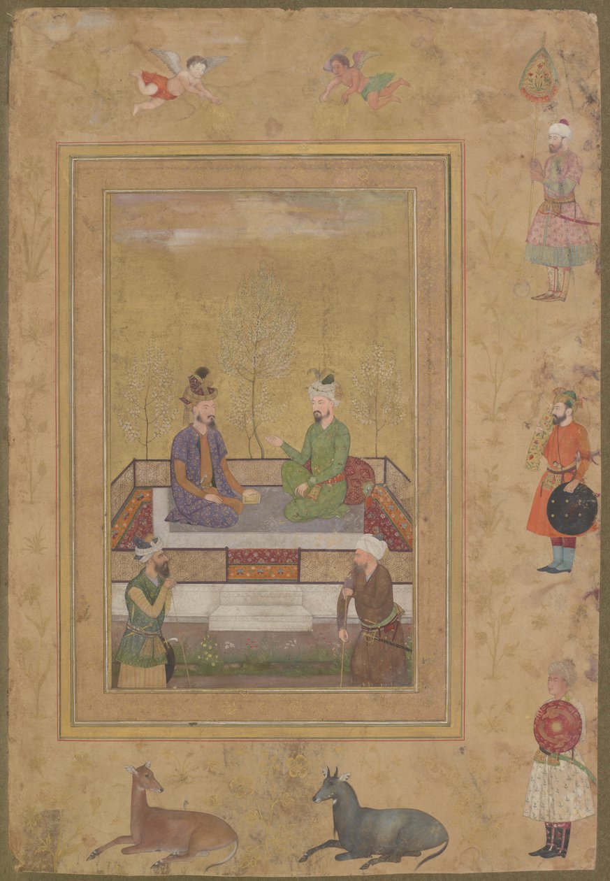 Babur a Humayun s dvořany, z pozdního alba Shah Jahan, samostatný rukopisný folio, kolem roku 1640 od Mughal School
