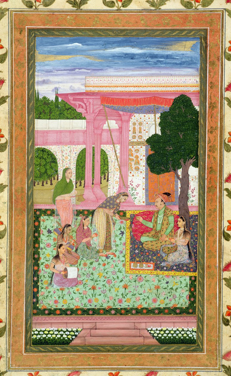 Císař Jahangir (1569-1627) se svou chotí a pomocníky v zahradě, z Small Clive Album (neprůhledné wc na papíře) od Mughal School