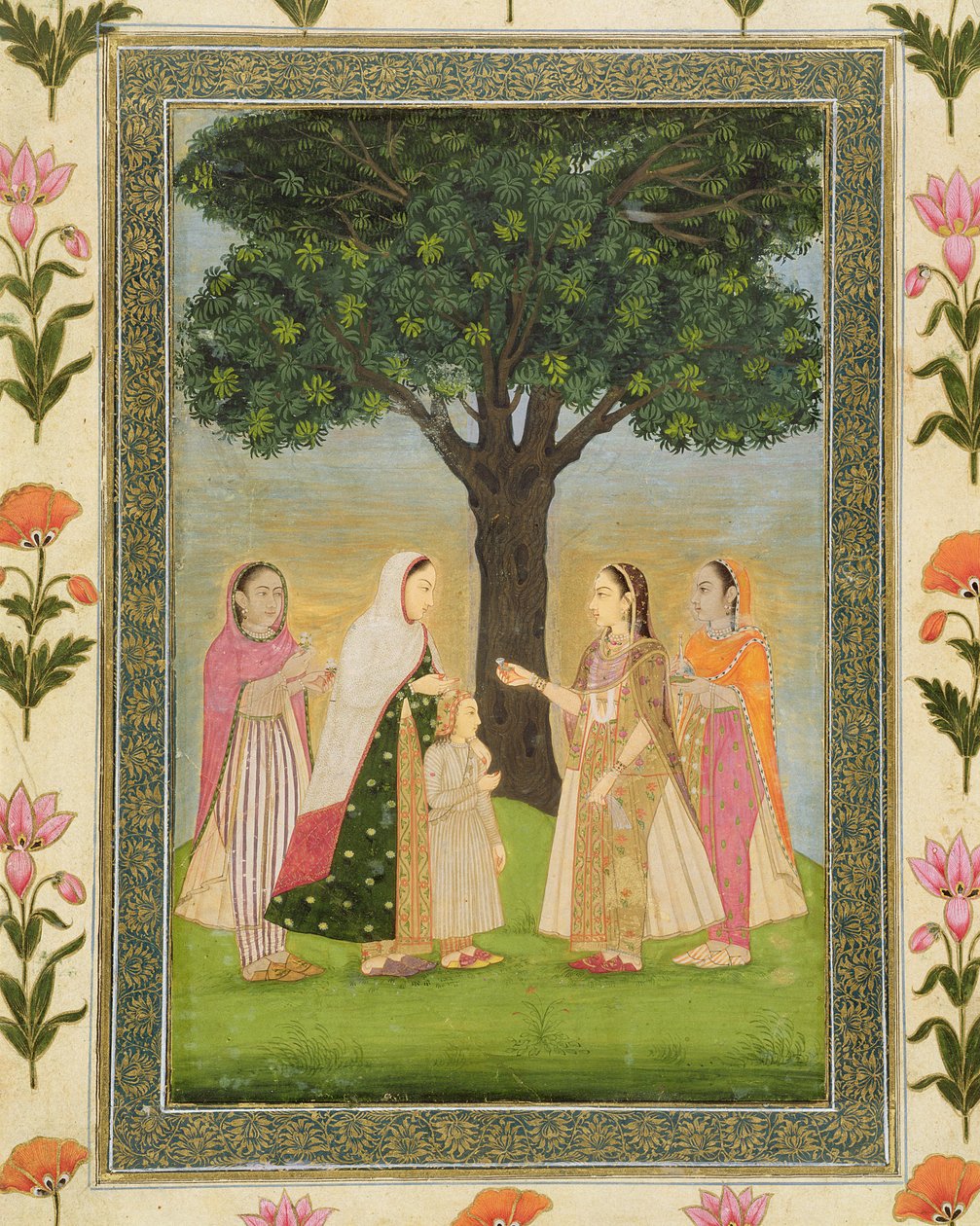 Čtyři dámy se setkávají u stromu, z malého alba Clive (neprůhledné wc na papíře) od Mughal School
