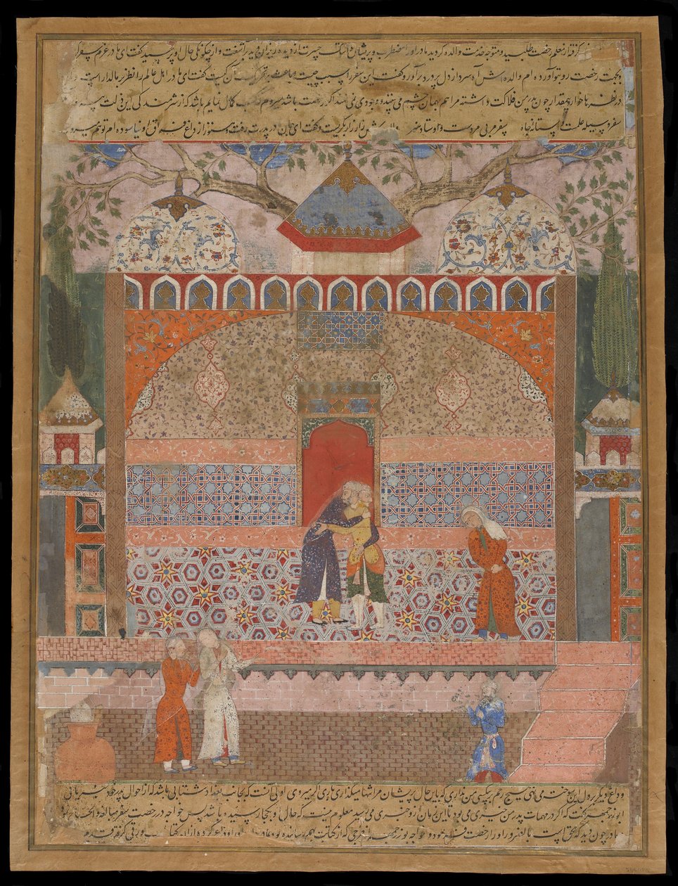 Khwaja Bozorgmehr odchází od své staré matky, aby odešel do světa a hledal nápravu, z Hamzanama, Manuscript folio, c.1560-65 od Mughal School