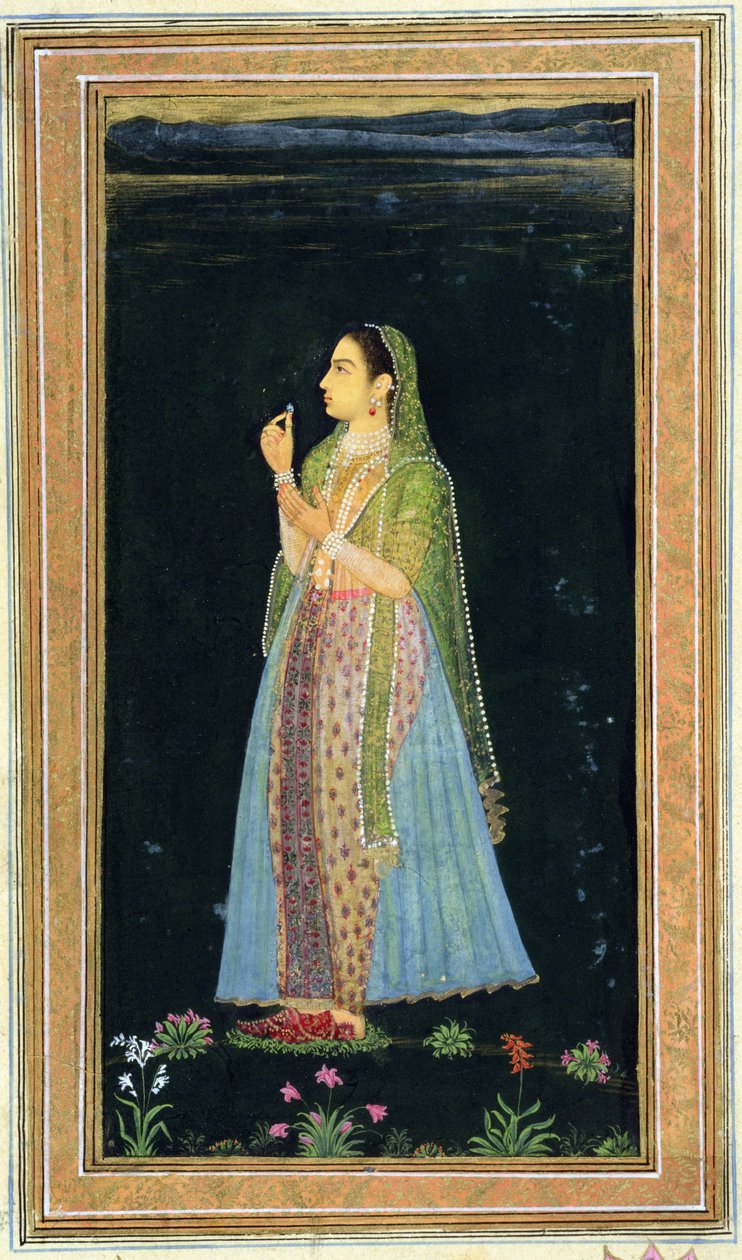 Dáma držící květ, z malého alba Clive (neprůhledné wc na papíře) od Mughal School