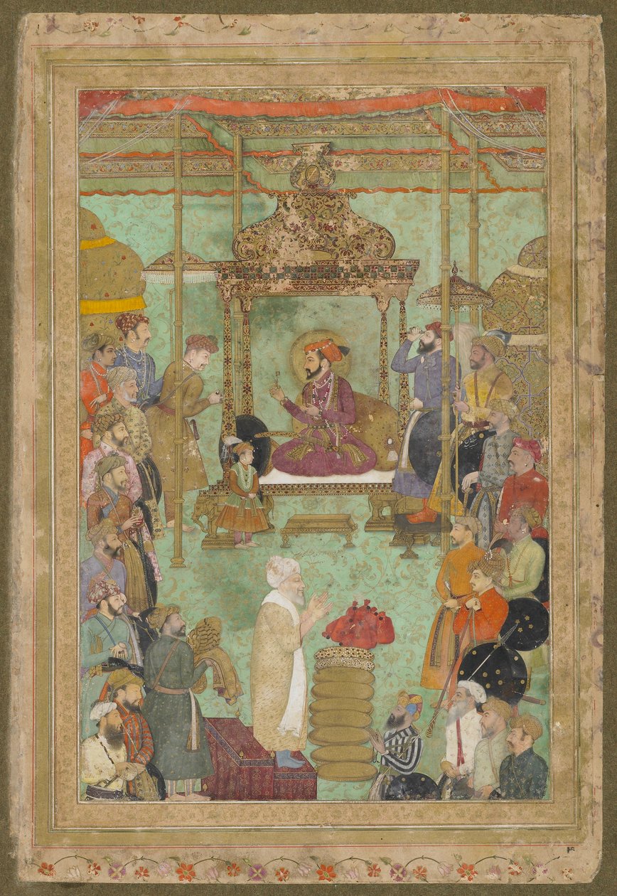Shah Jahan intronizovaný s Mahabat Khan a Shaykh, z pozdního Shah Jahan Album, oddělený rukopisný folio, 1629-1630 od Mughal School