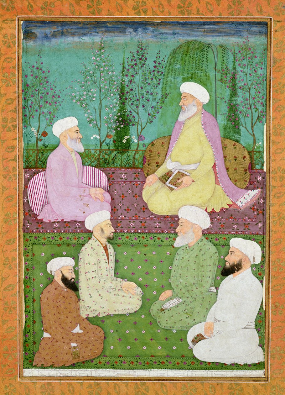 Šest muslimských svatých mužů sedících na zahradní terase z Velkého alba Clive od Mughal School