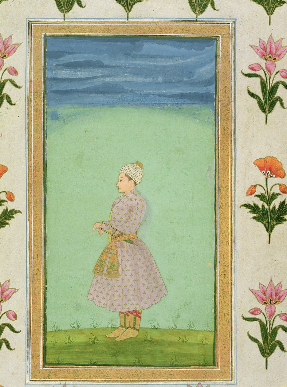 Stojící postava chlapce s dýkou zdobenou drahokamy v křídle, z alba Small Clive Album od Mughal School